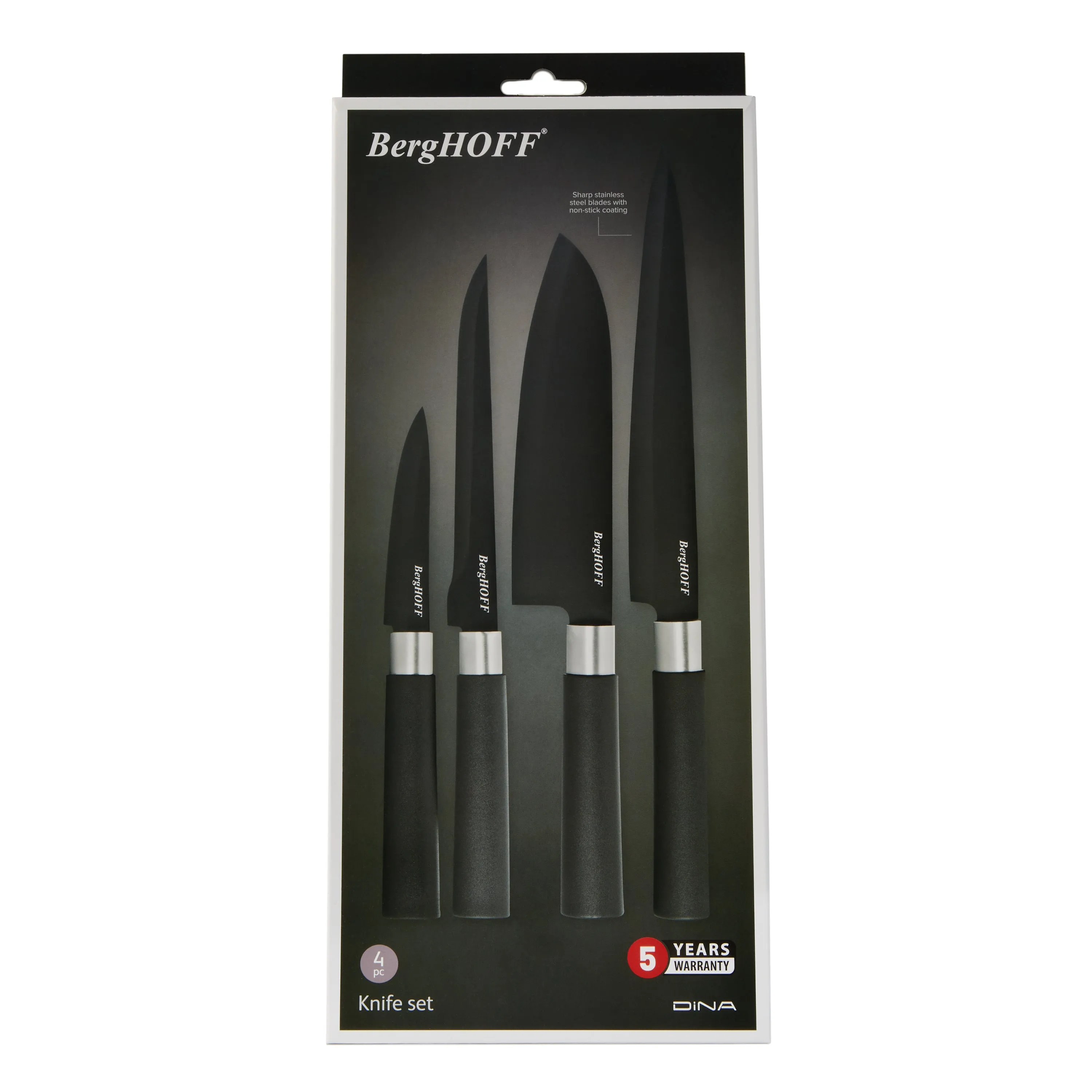 BergHOFF DiNA Prime 4pc Nonstick Stainless Steel Knife Set, Black