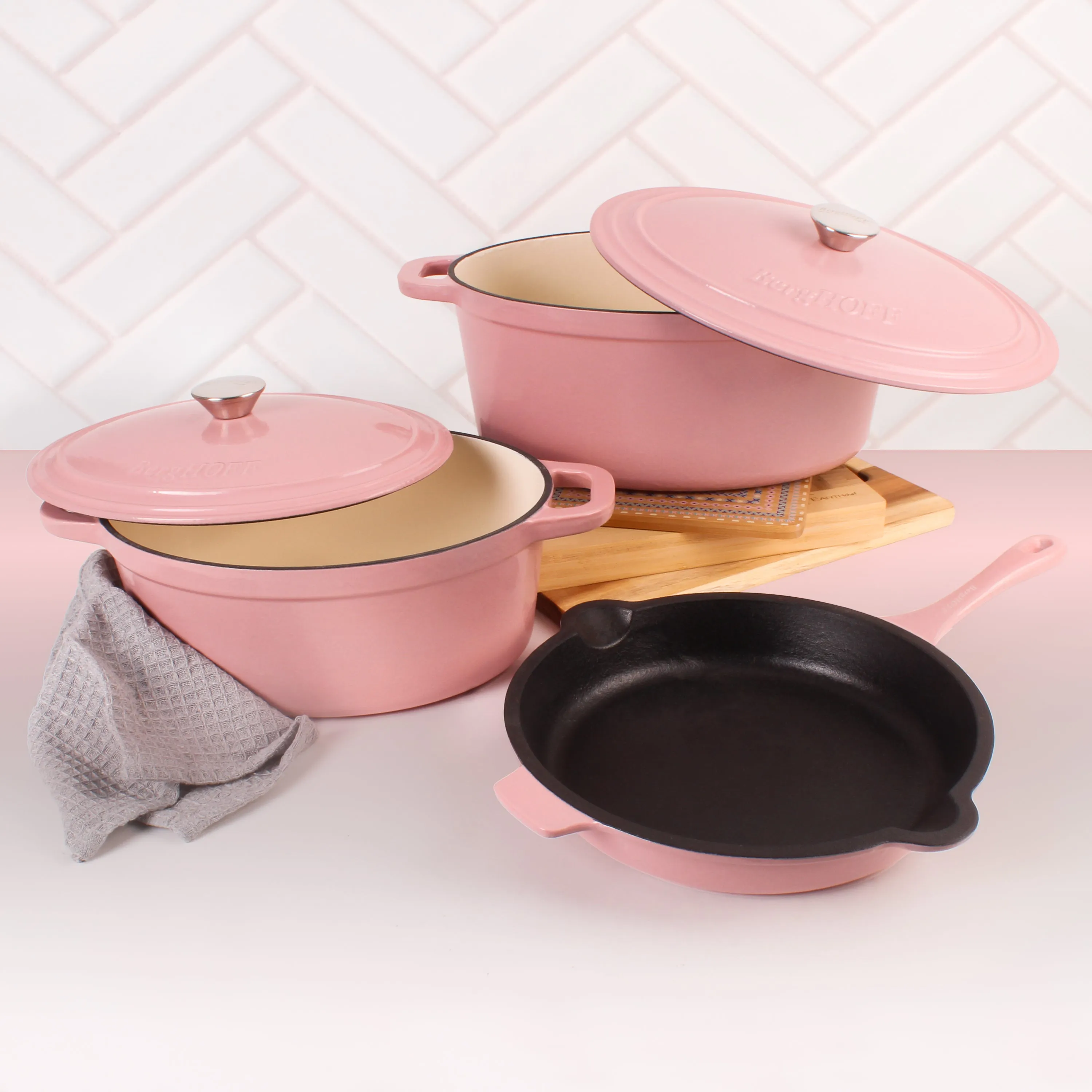 BergHOFF Neo 5pc Cast Iron Oval Dutch Oven Set with 10" Fry Pan, 5qt. & 8qt., Pink