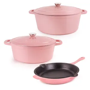 BergHOFF Neo 5pc Cast Iron Oval Dutch Oven Set with 10" Fry Pan, 5qt. & 8qt., Pink