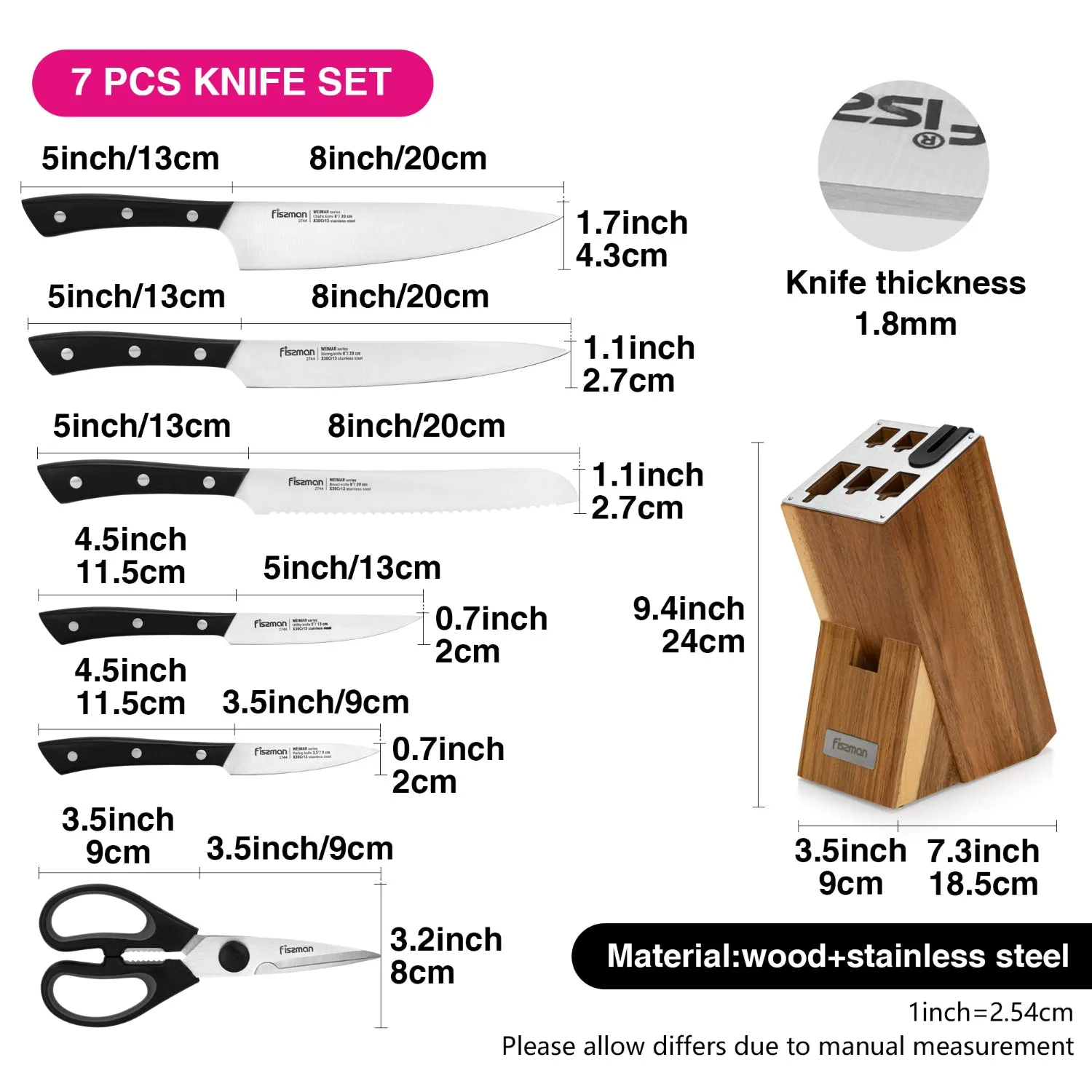 Fissman 7 Piece Knife Set Weimar with Wooden Block with Built In Sharpener X30Cr13 Steel