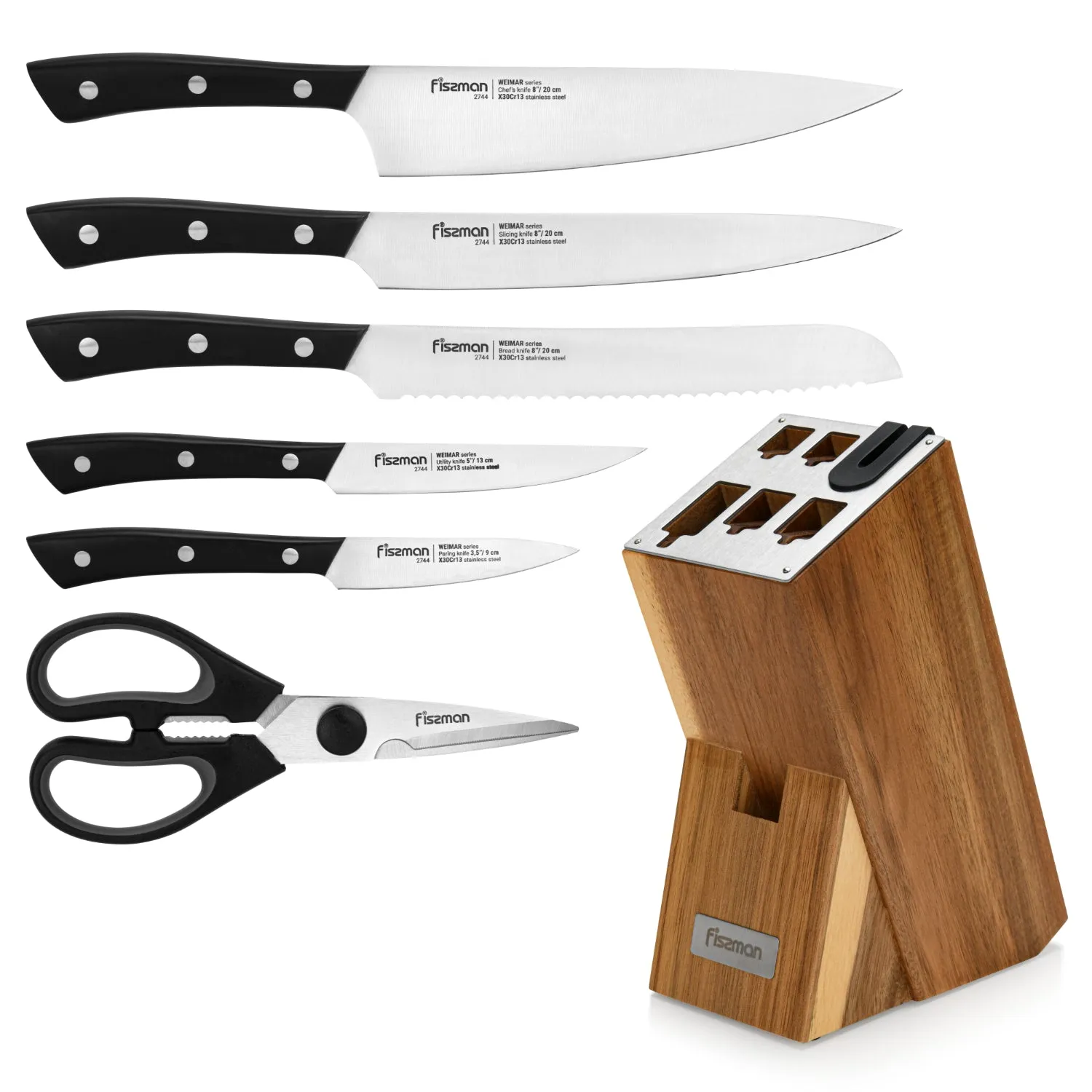 Fissman 7 Piece Knife Set Weimar with Wooden Block with Built In Sharpener X30Cr13 Steel