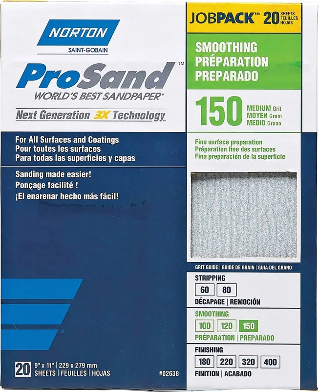 Norton ProSand 07660768171 Sanding Sheet, 11 in L, 9 in W, Medium, 150 Grit, Aluminum Oxide Abrasive, Paper Backing :PK 20: QUANTITY: 1