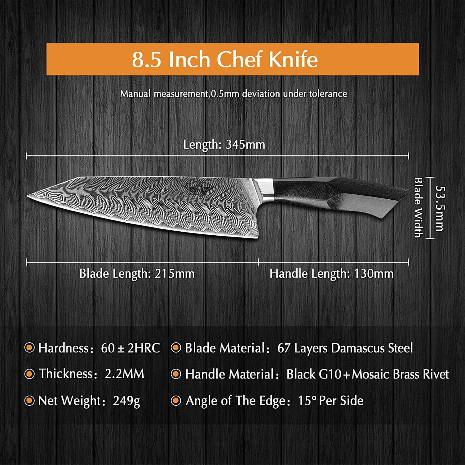 Professional 8.5 inch Damascus Steel Chef Knife, Military Grade G10 Handle with Magnetic Sheath