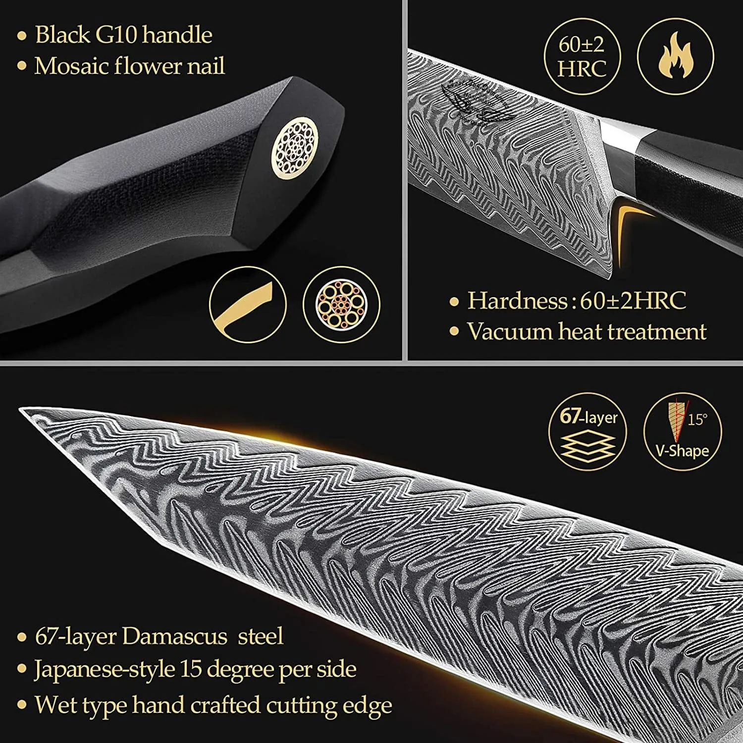 Professional 8.5 inch Damascus Steel Chef Knife, Military Grade G10 Handle with Magnetic Sheath