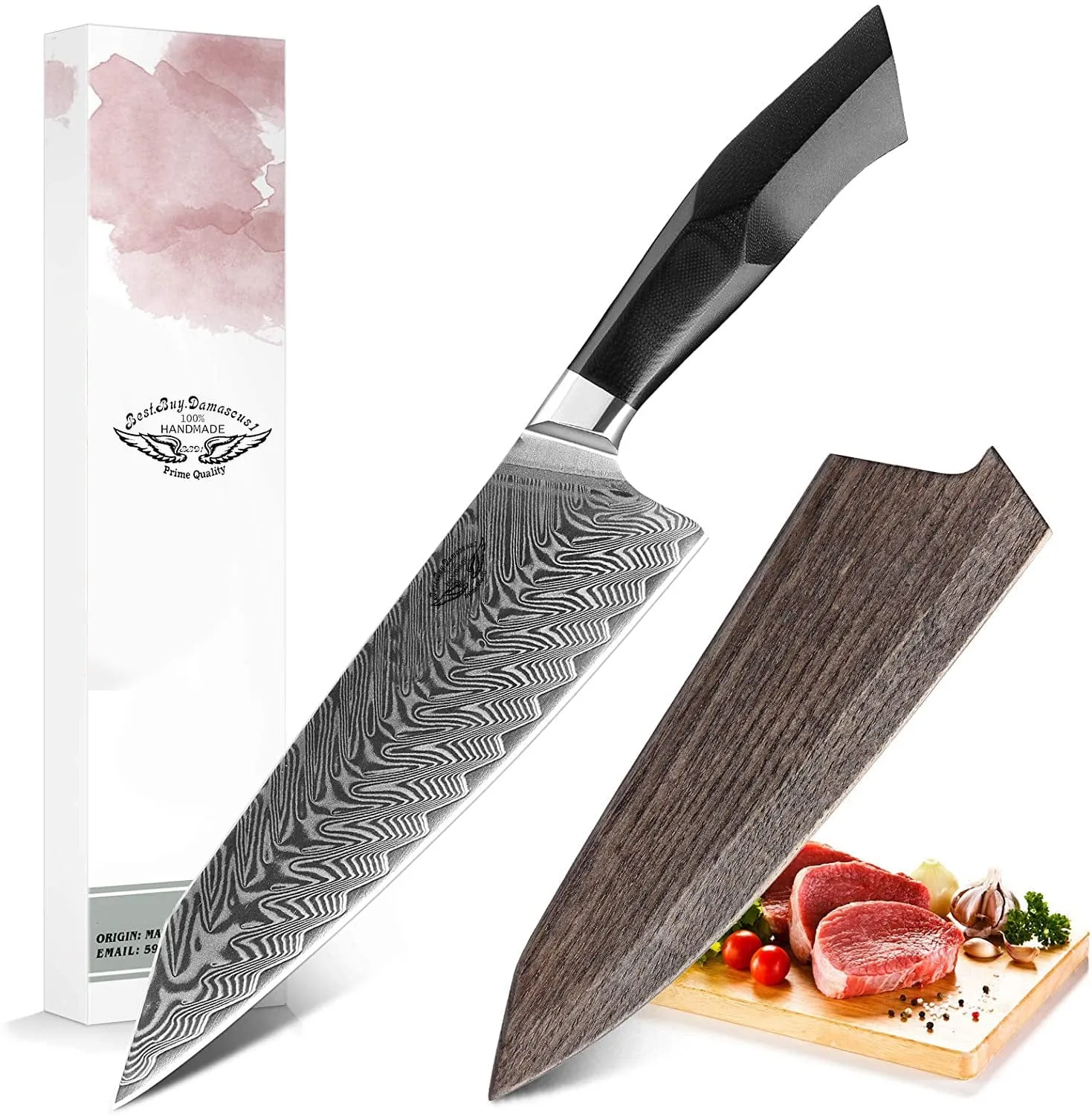 Professional 8.5 inch Damascus Steel Chef Knife, Military Grade G10 Handle with Magnetic Sheath