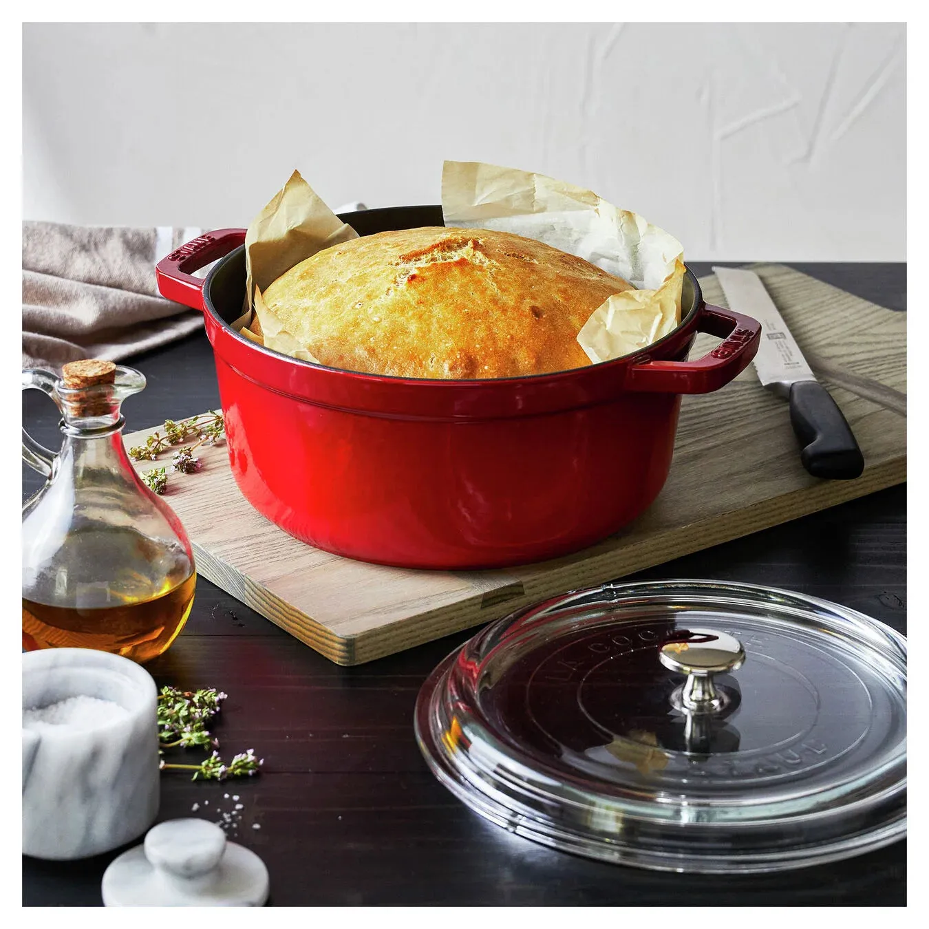 Staub 4qt Cherry  Cast Iron Dutch Oven with Glass Lid