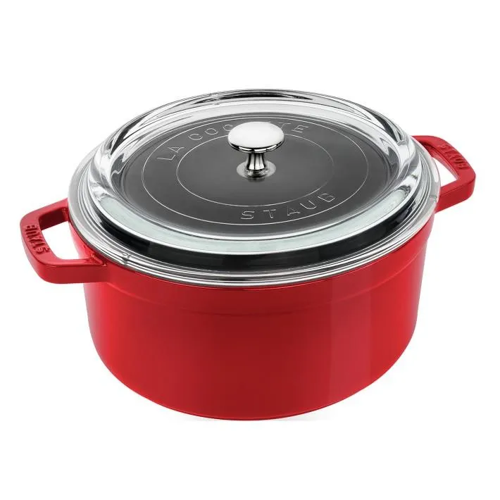 Staub 4qt Cherry  Cast Iron Dutch Oven with Glass Lid