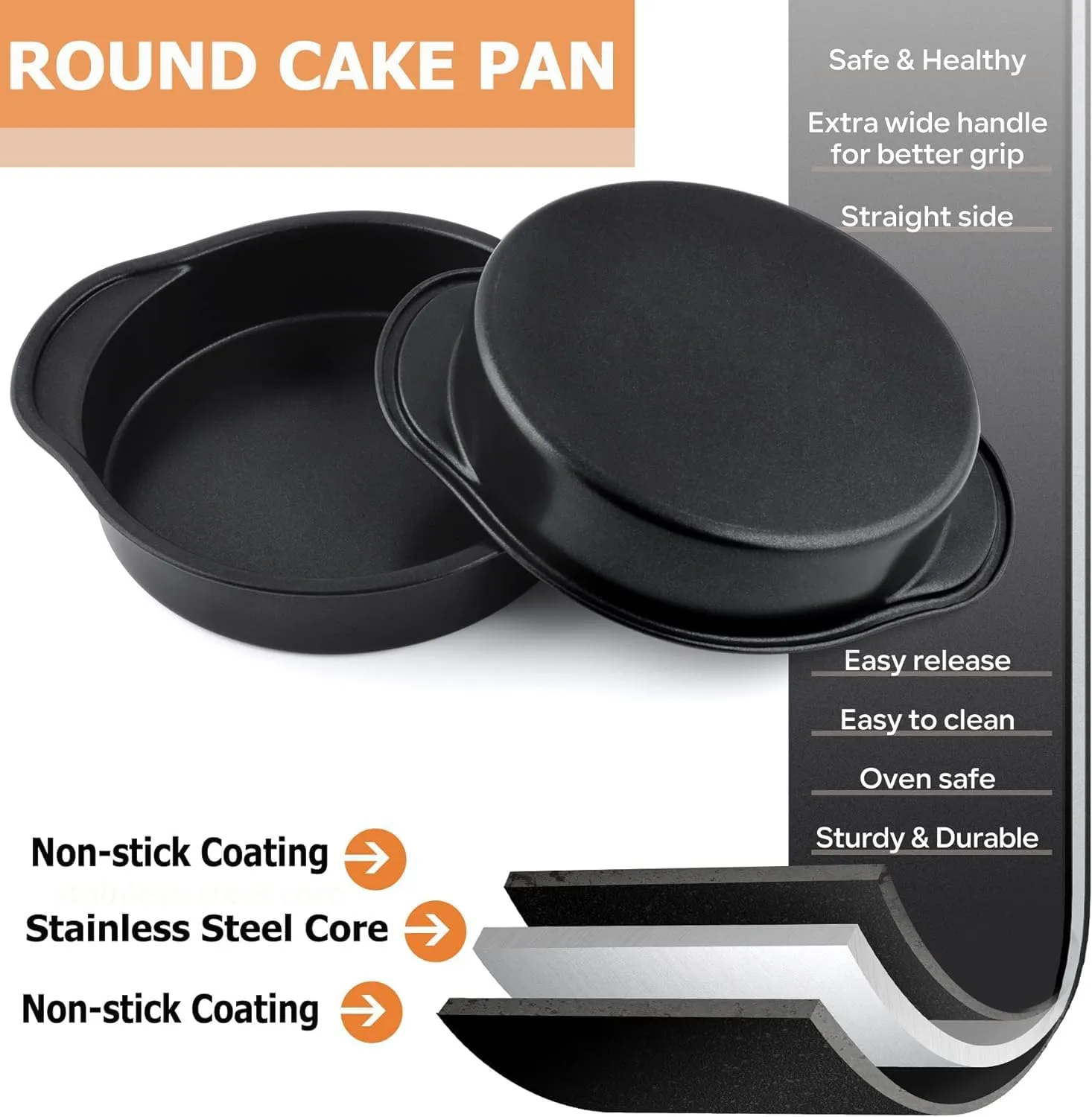 Urbane Home 8 inch Non-Stick Cake Pan For Baking|Round Shape Cake Baking Mold|Side Handles (Black)